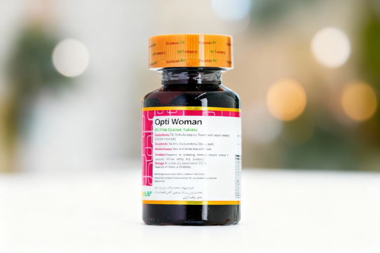 عوارض قرص اپتی وومن گلدن لایف - تصویر بطری محصول روی سطح سفید